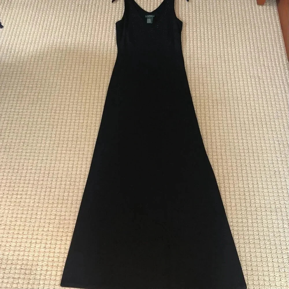 Ralph Lauren Long Black Jersey Dress Embellished with Shiny Pebble, Size M - Picture 4 of 9